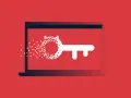 Laptop z kluczem, który rozpada się na piksele. Uważaj na trojan wirus link, który może zaszkodzić Twoim danym.