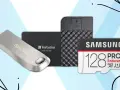 Kolekcja nowoczesnych urządzeń pamięci masowej: pendrive SanDisk, dysk SSD Verbatim i karta microSD Samsung 128GB PRO Endurance.