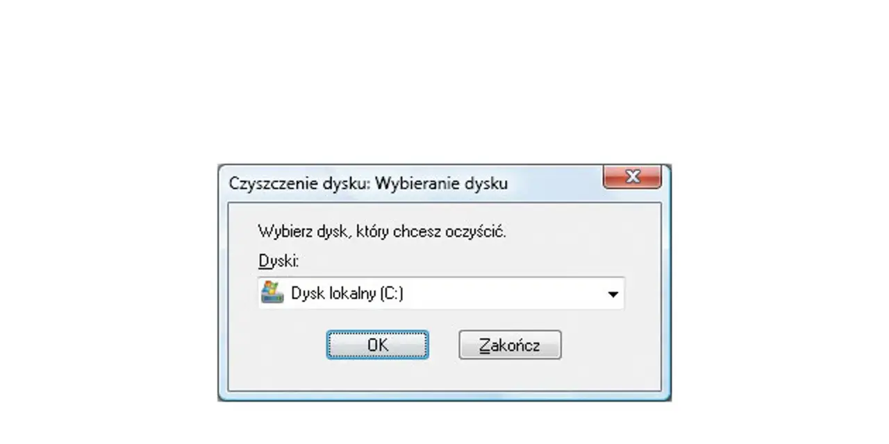 Okno "Czyszczenie dysku" pozwala wybrać dysk, by sprawdzić co zajmuje dysk. Dostępny jest Dysk lokalny (C:).