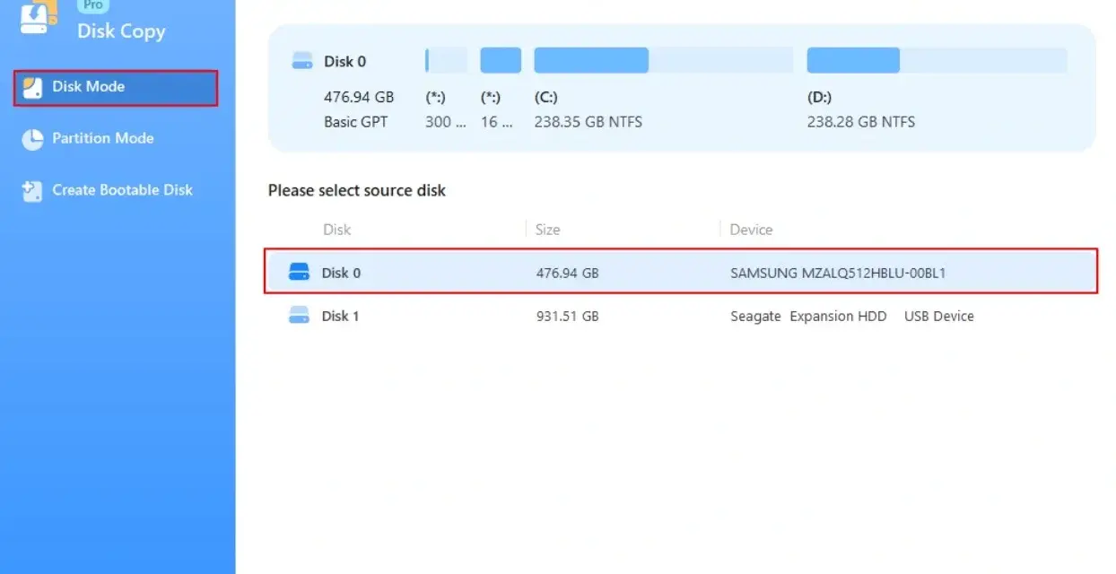 Interfejs programu do klonowania dysku. Wybrano tryb "Disk Mode", a użytkownik wybiera dysk źródłowy (Disk 0, Samsung).