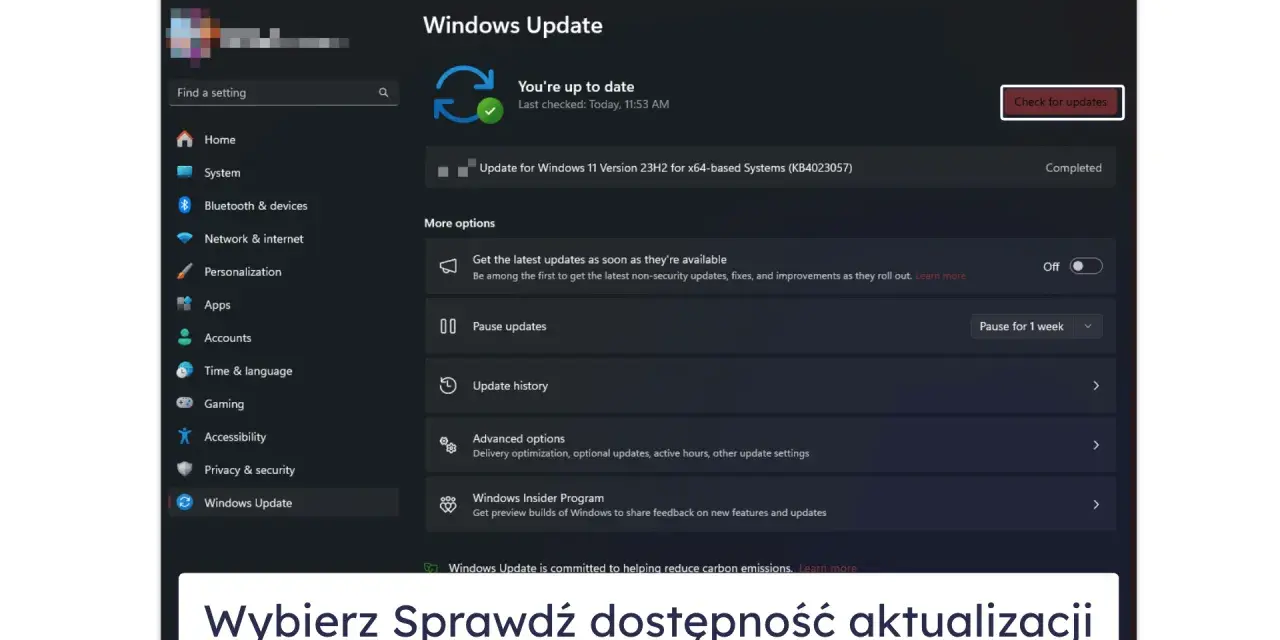 Ekran Ustawień Windows z sekcją Windows Update. Kliknij "Sprawdź dostępność aktualizacji", aby dowiedzieć się, jak włączyć aktualizacje Windows 10.