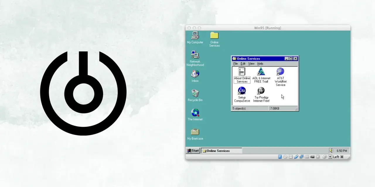 Ekran Windows 95 z ikonami usług online. Dowiedz się, jak zablokować ekran Windows, aby chronić swoje dane.