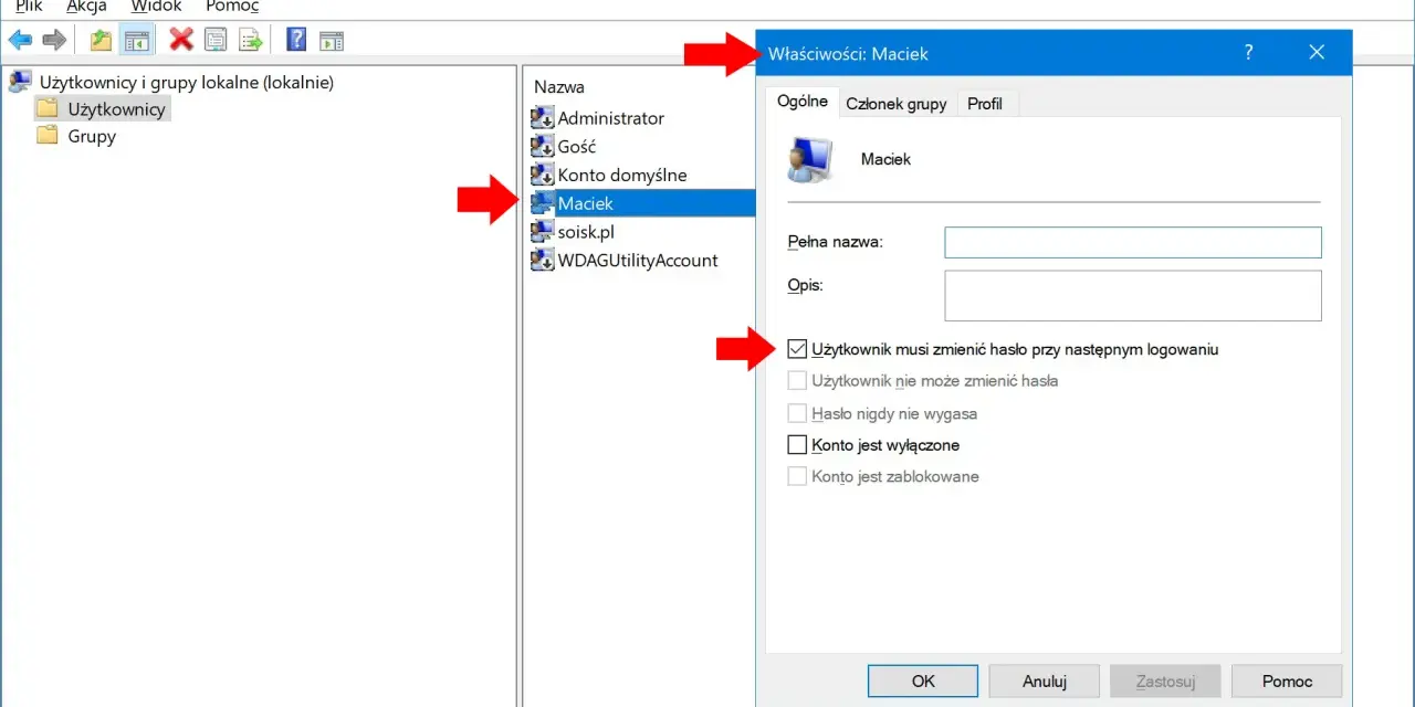 Zarządzanie użytkownikami Windows 10: okno właściwości konta Maciek, gdzie można ustawić uprawnienia administratora.