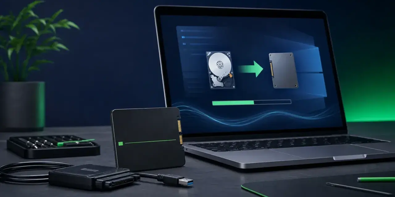Klonowanie dysku M.2 na nowy SSD. Laptop pokazuje proces kopiowania danych z HDD na SSD.