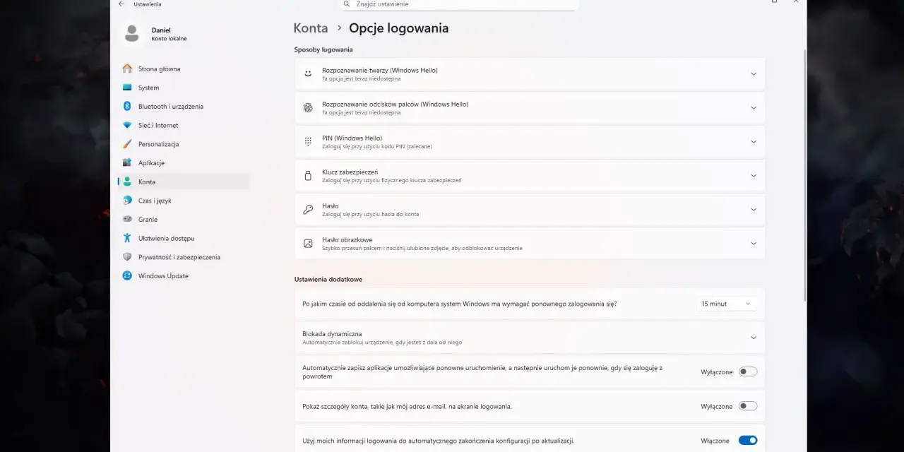Ustawienia konta Windows 10: opcje logowania, w tym jak wyłączyć hasło. Widok ekranu z ustawieniami konta.