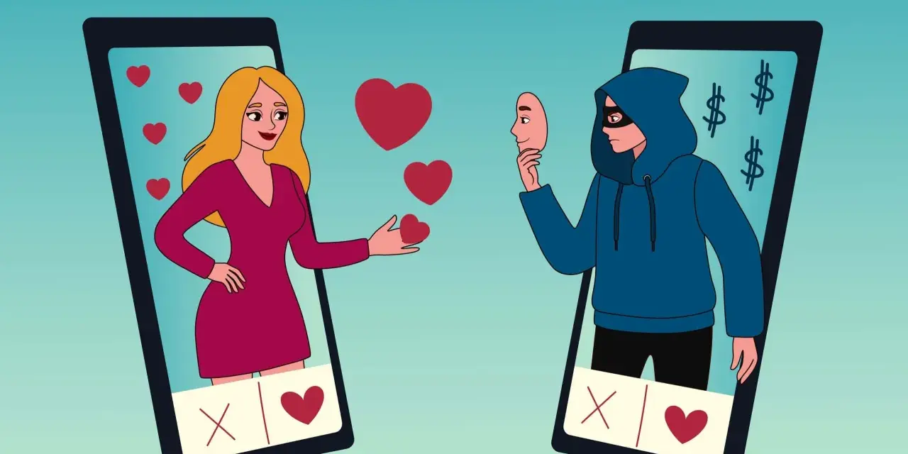 Oszust w masce ukrywa swoje zamiary, gdy kobieta na ekranie telefonu wysyła serduszka. To przykład co to catfishing – fałszywa tożsamość w sieci dla zysku.