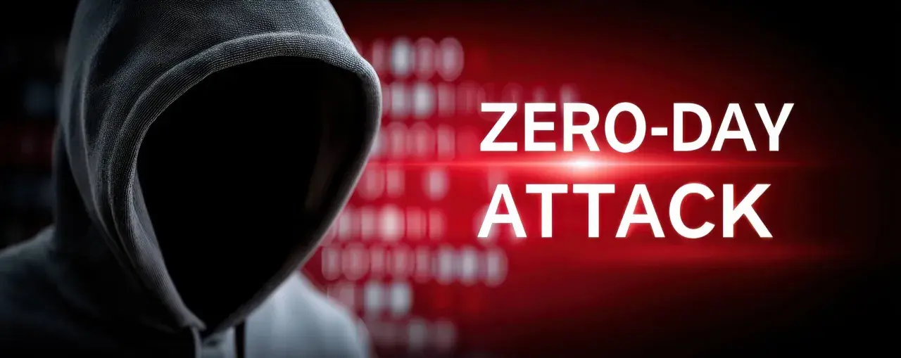 Sylwetka hakera w kapturze na tle czerwonego ekranu z napisem "ZERO-DAY ATTACK" i rozmytym kodem binarnym.