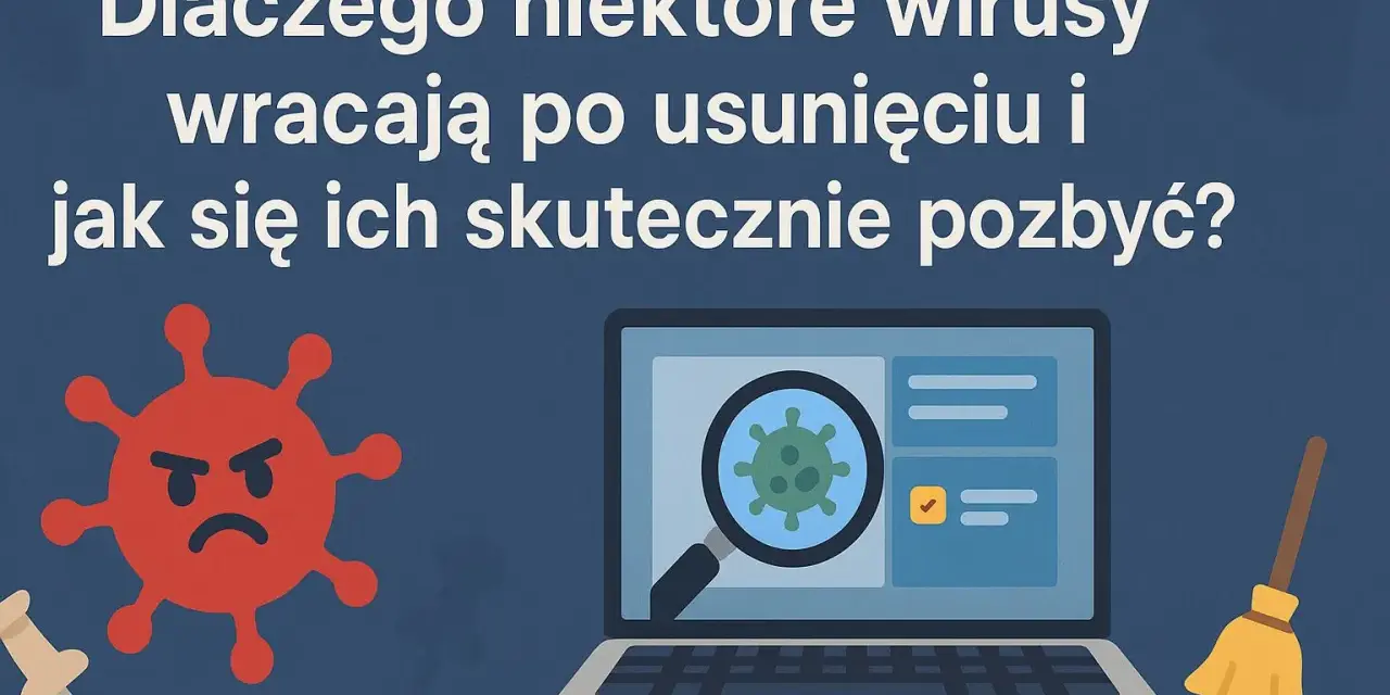 Zły wirus na ekranie laptopa, lupa bada go, a miotła czeka. Dowiedz się, co to jest wirus i jak go pokonać.