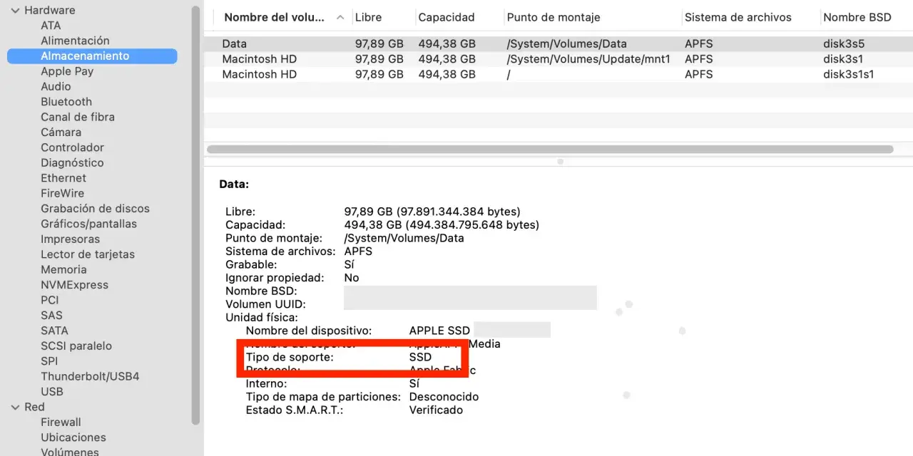 Jak sprawdzić jaki mam dysk: w Informacjach o systemie, w sekcji "Almacenamiento", w szczegółach "Data" widać "Tipo de soporte: SSD".
