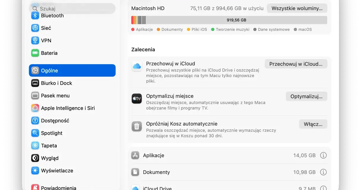 Jak wyczyścić Maca? Widok "Miejsce" w ustawieniach systemowych pokazuje, ile miejsca zajmują aplikacje, dokumenty i inne pliki, oferując opcje optymalizacji.