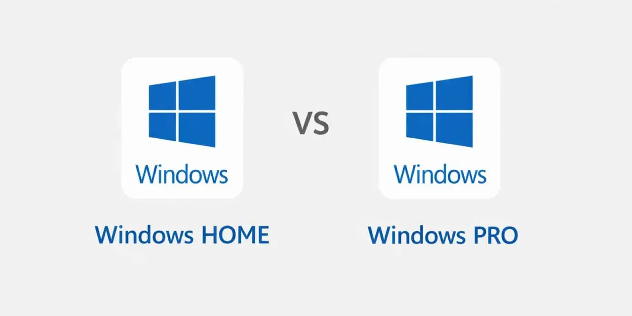 Porównanie: Windows HOME vs Windows PRO. Dwa logotypy Windows z napisem "Windows HOME" i "Windows PRO".