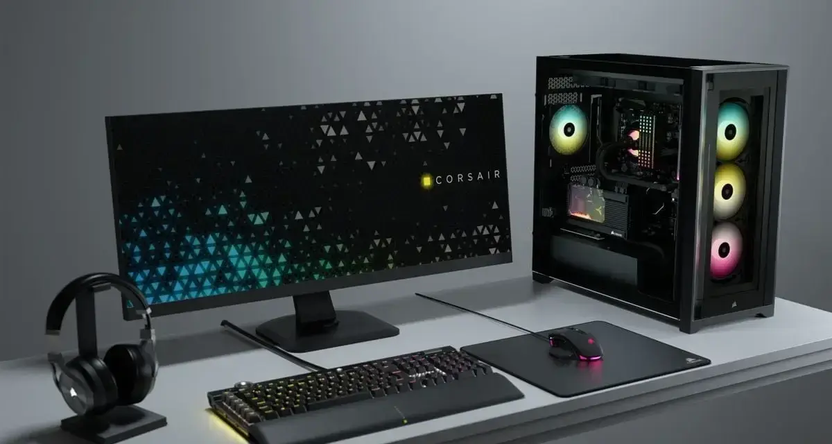 Komputer z podświetleniem ARGB vs RGB. Zestaw Corsair: obudowa, monitor, klawiatura, mysz i słuchawki.