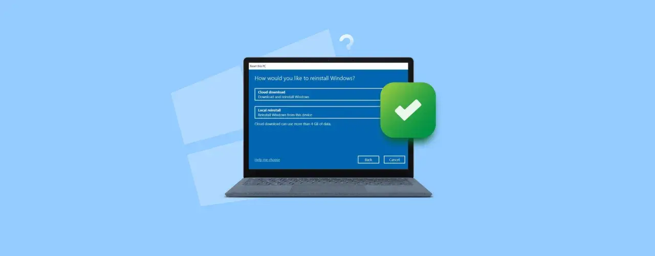 Ekran wyboru opcji reinstalacji Windows 10: pobieranie z chmury lub lokalna. Zielony znacznik potwierdza wybór.