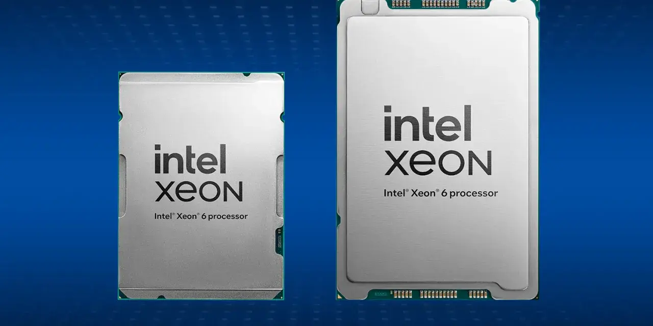 Dwa procesory Intel Xeon, jeden mniejszy, drugi większy, na niebieskim tle.