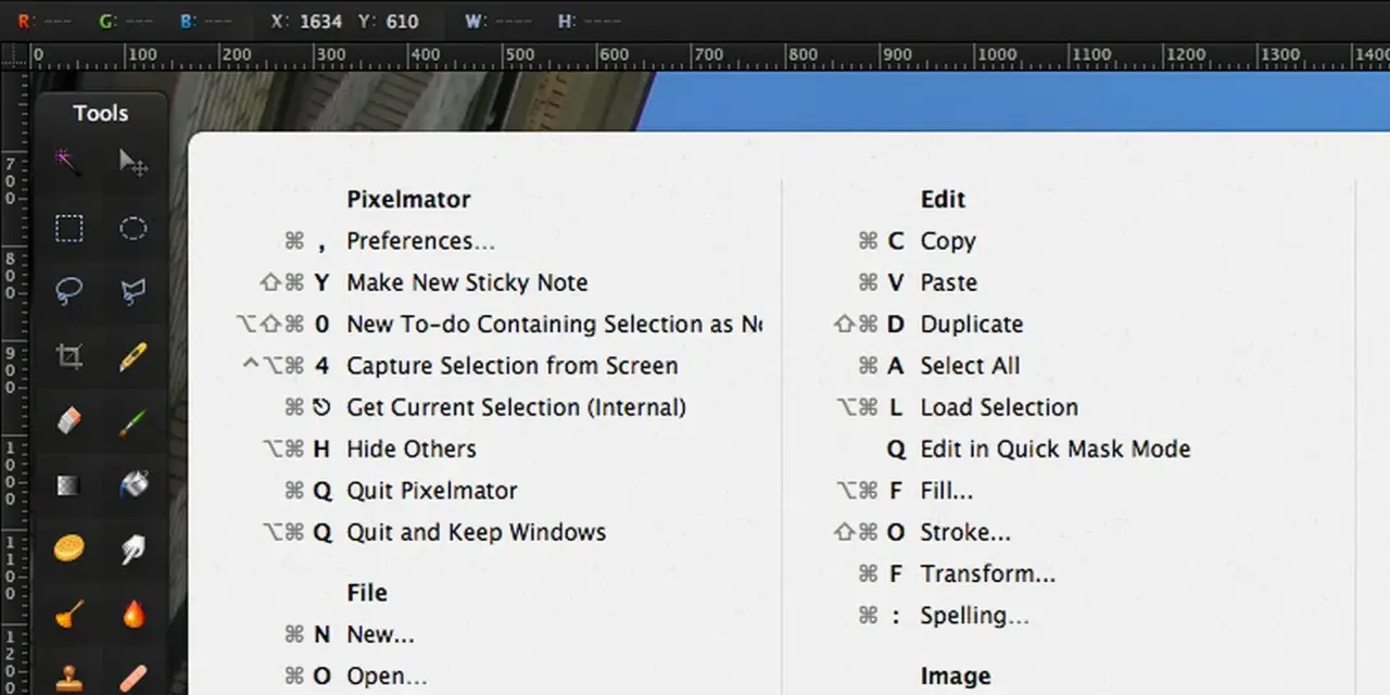 Menu Pixelmator z listą funkcji i ich skrótów klawiszowych, np. Kopiuj (⌘C), Wklej (⌘V).