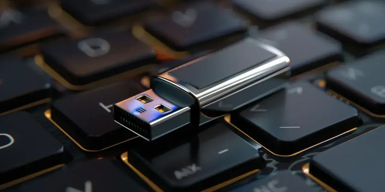 Srebrny pendrive na klawiaturze. Dowiedz się, jak zaszyfrować pendrive, by chronić swoje dane.