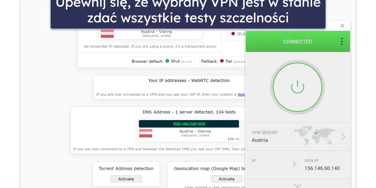Jak sprawdzić czy VPN działa? Testy szczelności IP i DNS pokazują połączenie z Austrią.