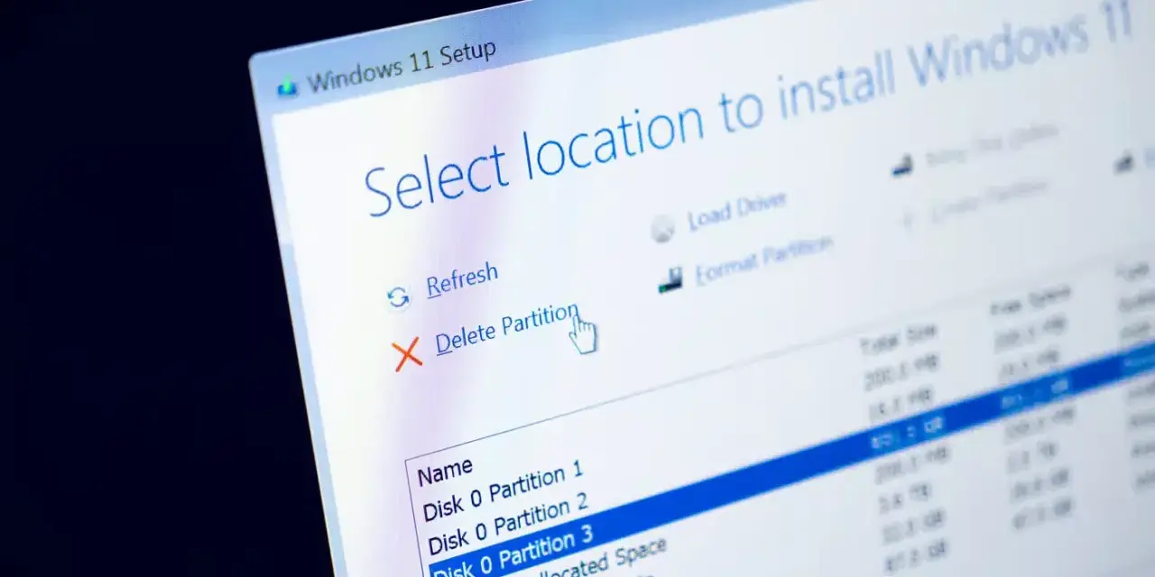Instalacja Windows 11. Widok wyboru lokalizacji, gdzie widać opcje formatowania partycji.