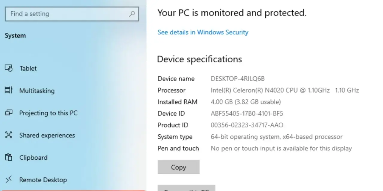 Szczegółowe właściwości komputera: nazwa DESKTOP-4RILQ6B, procesor Intel Celeron N4020, 4 GB RAM.