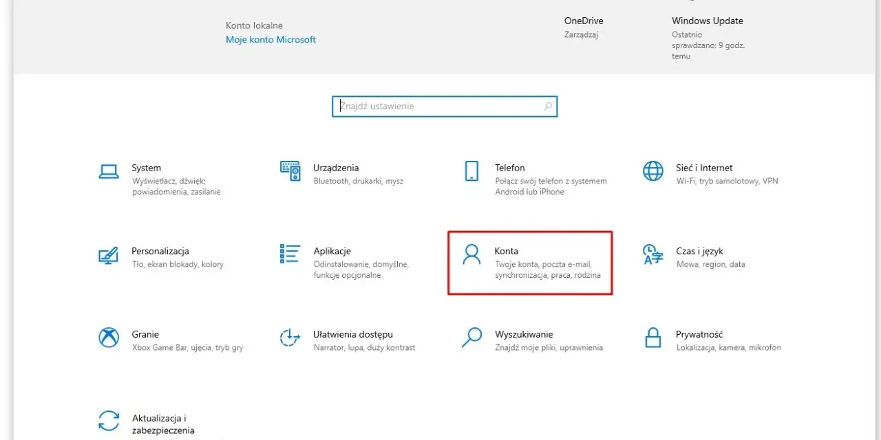 Ustawienia konta w Windows 10. Kliknij "Konta", aby dowiedzieć się, jak dodać użytkownika Windows 10.