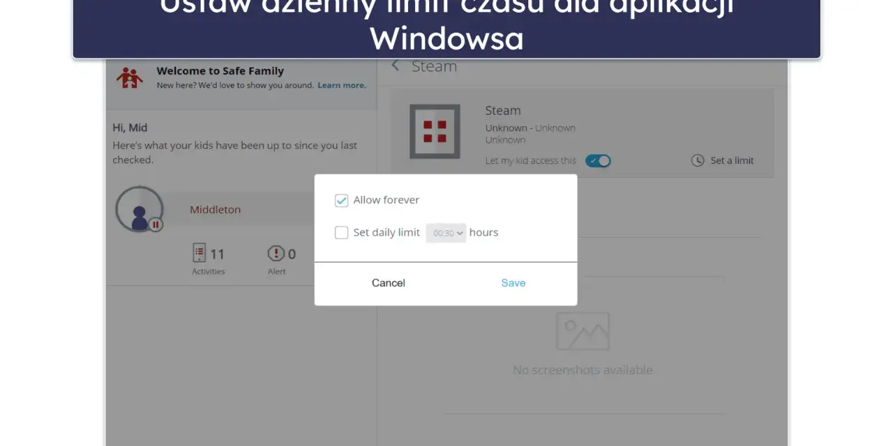 Ustawienia kontroli rodzicielskiej Windows: okno dialogowe pozwala na ustawienie dziennego limitu czasu dla aplikacji Steam lub zezwolenie na dostęp na stałe.