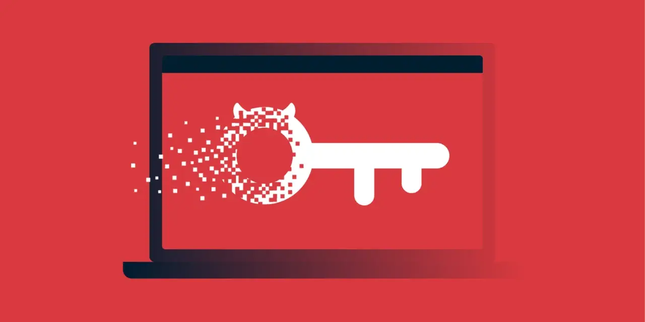 Laptop z kluczem, który rozpada się na piksele. Uważaj na trojan wirus link, który może zaszkodzić Twoim danym.