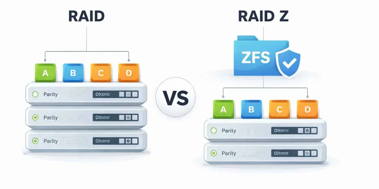 Porównanie RAID i RAID Z z ZFS. Schemat pokazuje, jak dane (A, B, C, D) są rozłożone na dyskach, ilustrując działanie **ssd raid**.