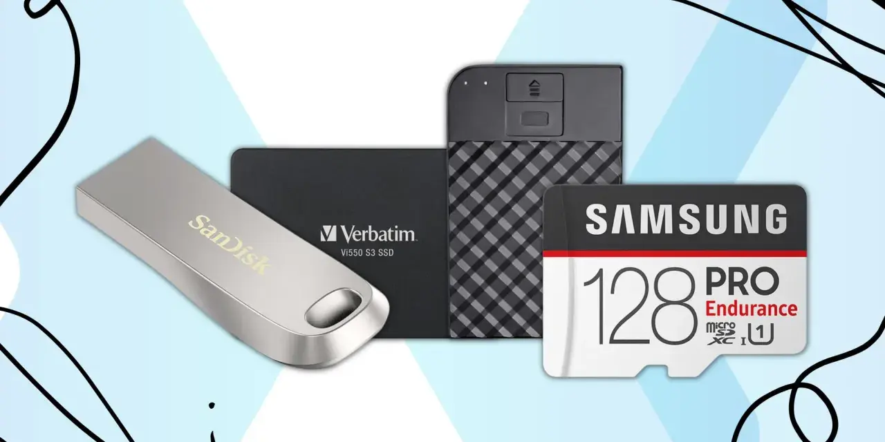 Kolekcja nowoczesnych urządzeń pamięci masowej: pendrive SanDisk, dysk SSD Verbatim i karta microSD Samsung 128GB PRO Endurance.