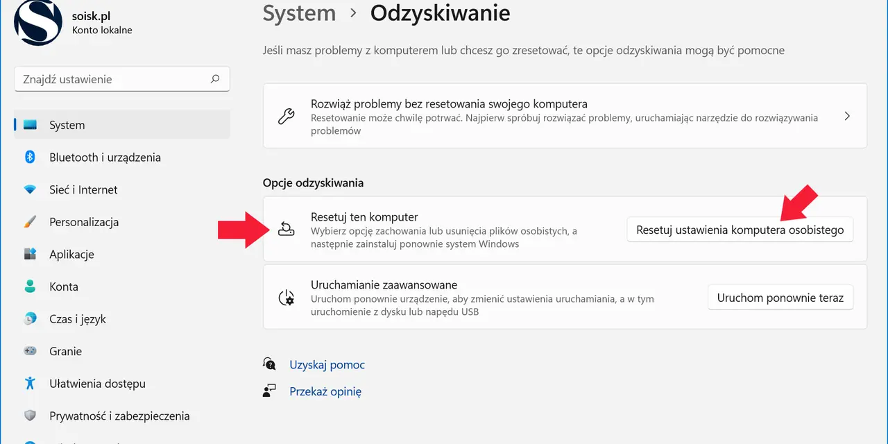 Opcje odzyskiwania systemu Windows: resetowanie komputera lub zaawansowane uruchamianie. Formatowanie Windowsa może być potrzebne.