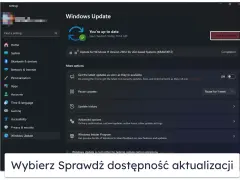 Ekran Ustawień Windows z sekcją Windows Update. Kliknij "Sprawdź dostępność aktualizacji", aby dowiedzieć się, jak włączyć aktualizacje Windows 10.
