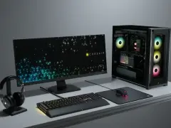 Komputer z podświetleniem ARGB vs RGB. Zestaw Corsair: obudowa, monitor, klawiatura, mysz i słuchawki.