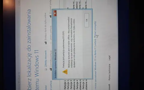 Instalator Windows 11 informuje, że partycja EFI jest offline. Aby zainicjować dysk SSD, należy ją przełączyć do trybu online.