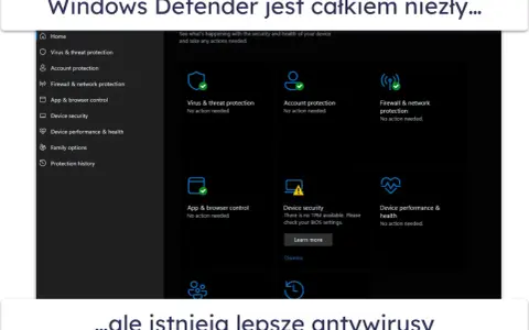 Ekran Windows Defender pokazuje ochronę antywirusową i inne zabezpieczenia. Choć jest dobry, istnieją lepsze antywirusy.