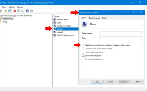 Zarządzanie użytkownikami Windows 10: okno właściwości konta Maciek, gdzie można ustawić uprawnienia administratora.