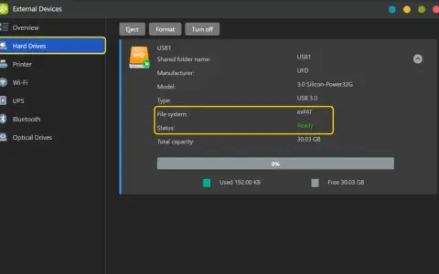 Dysk USB1 ma system plików exFAT, gotowy do użycia. Alternatywnie można wybrać NTFS.