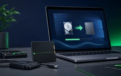Klonowanie dysku M.2 na nowy SSD. Laptop pokazuje proces kopiowania danych z HDD na SSD.