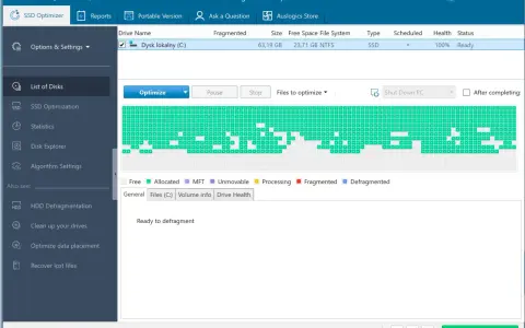 Program do dysków SSD Auslogics pokazuje stan dysku C:, gotowego do optymalizacji. Widoczny jest wizualny podział danych.