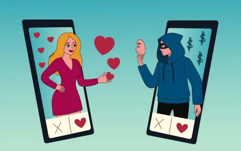 Oszust w masce ukrywa swoje zamiary, gdy kobieta na ekranie telefonu wysyła serduszka. To przykład co to catfishing – fałszywa tożsamość w sieci dla zysku.