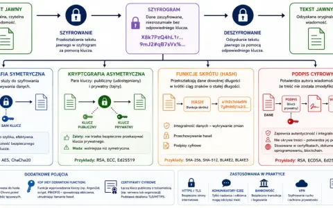 Kryptografia klucza publicznego: asymetryczna z kluczem publicznym i prywatnym, używana w podpisach cyfrowych i certyfikatach.