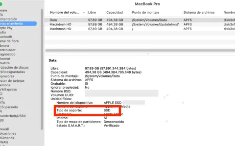 Jak sprawdzić jaki mam dysk: w Informacjach o systemie, w sekcji "Almacenamiento", w szczegółach "Data" widać "Tipo de soporte: SSD".