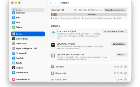 Jak wyczyścić Maca? Widok "Miejsce" w ustawieniach systemowych pokazuje, ile miejsca zajmują aplikacje, dokumenty i inne pliki, oferując opcje optymalizacji.