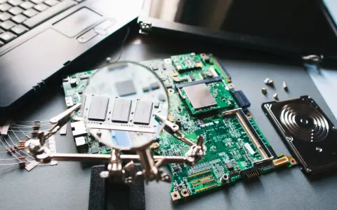 Jak dołożyć RAM do laptopa Dell? Na zdjęciu widać płytę główną, moduły RAM, dysk twardy i fragment laptopa.