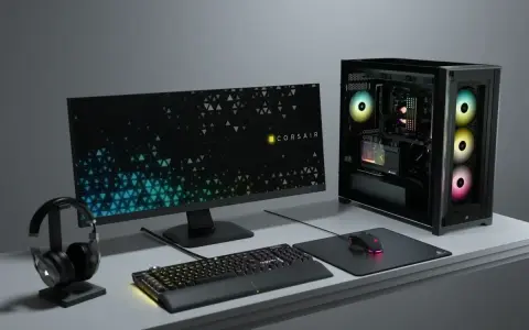 Komputer z podświetleniem ARGB vs RGB. Zestaw Corsair: obudowa, monitor, klawiatura, mysz i słuchawki.