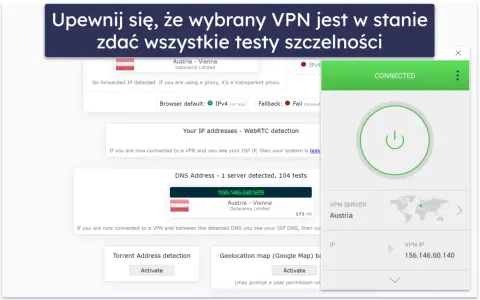 Jak sprawdzić czy VPN działa? Testy szczelności IP i DNS pokazują połączenie z Austrią.