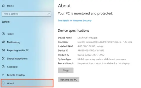 Szczegółowe właściwości komputera: nazwa DESKTOP-4RILQ6B, procesor Intel Celeron N4020, 4 GB RAM.