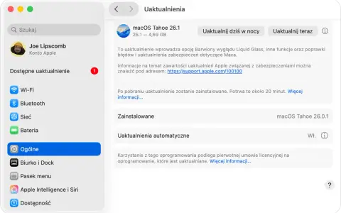 Uaktualnienie systemu operacyjnego macOS Tahoe 26.1 na MacBooku. Dostępne są nowe funkcje i poprawki bezpieczeństwa.