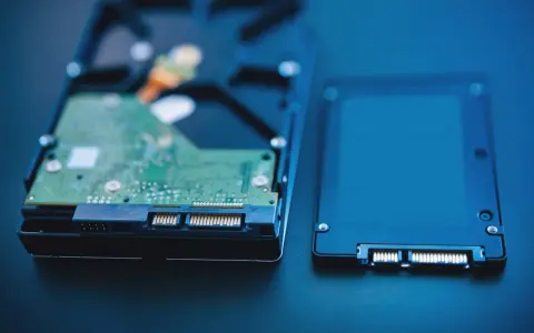 Dwa dyski: tradycyjny dysk twardy z zieloną płytką drukowaną i nowoczesny SSD. Przechowują informacje.