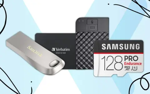 Kolekcja nowoczesnych urządzeń pamięci masowej: pendrive SanDisk, dysk SSD Verbatim i karta microSD Samsung 128GB PRO Endurance.