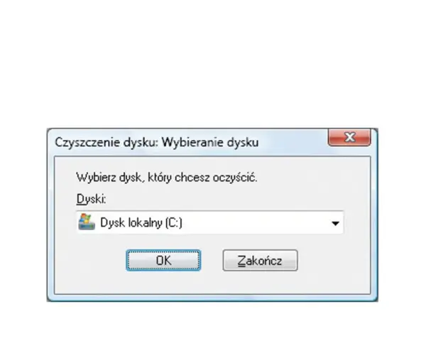 Okno "Czyszczenie dysku" pozwala wybrać dysk, by sprawdzić co zajmuje dysk. Dostępny jest Dysk lokalny (C:).