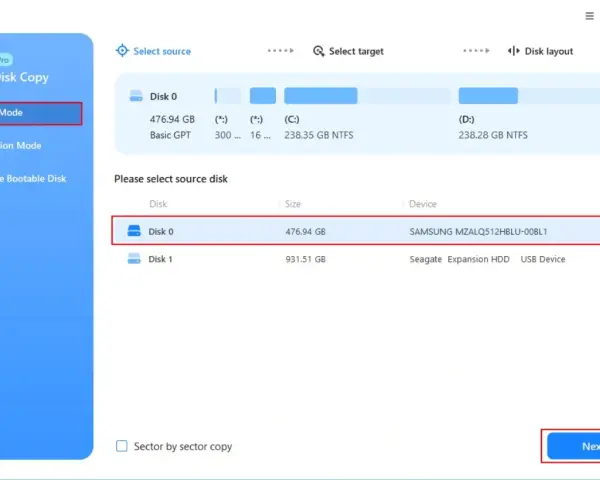 Interfejs programu do klonowania dysku. Wybrano tryb "Disk Mode", a użytkownik wybiera dysk źródłowy (Disk 0, Samsung).